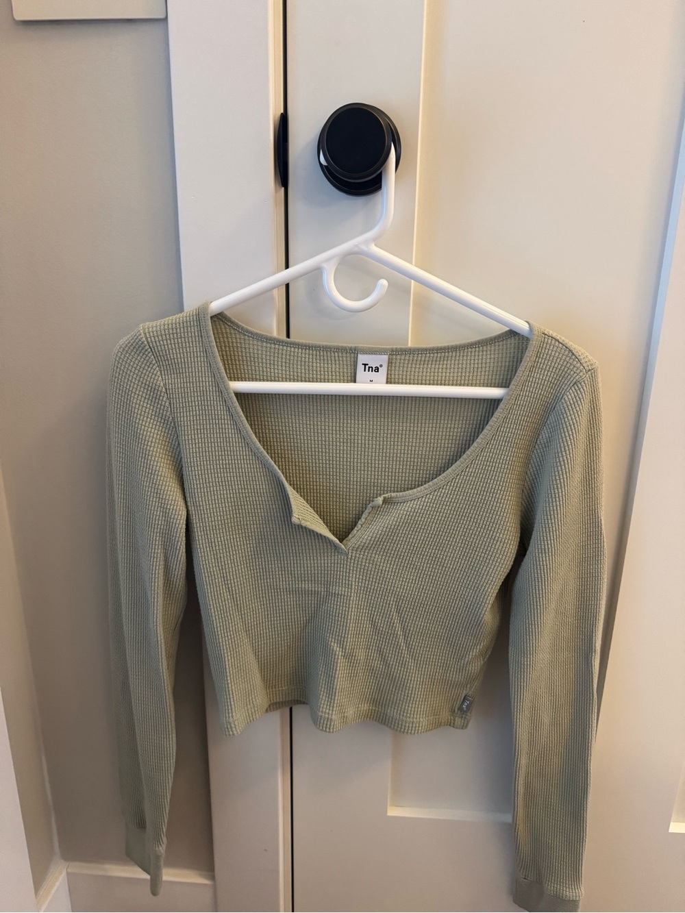 TNA Sage Green Waffle Knit Long-Sleeve Henley Top